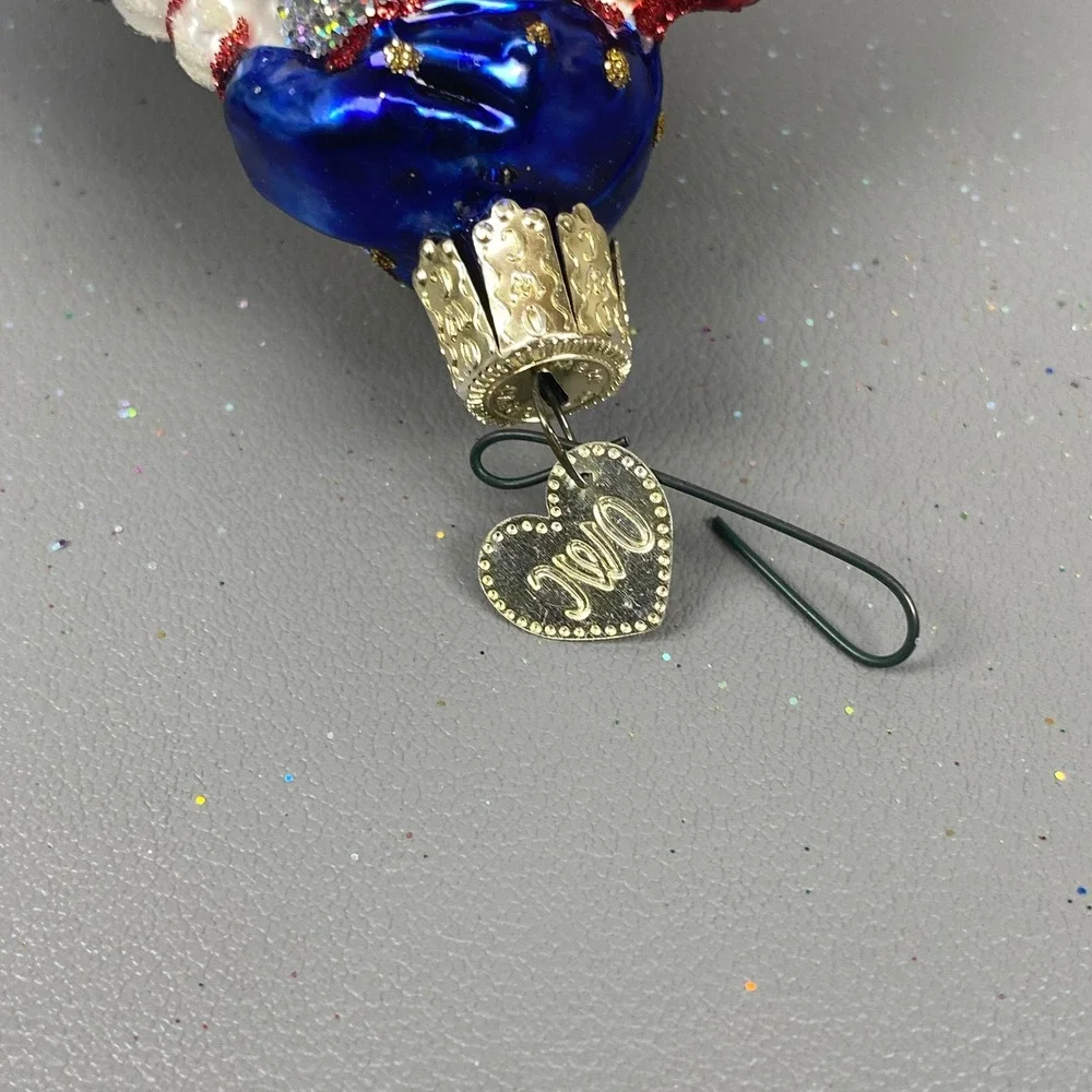 Old World Christmas 2 Santa Claus Glass Holiday Glitter Ornaments Blue & Red